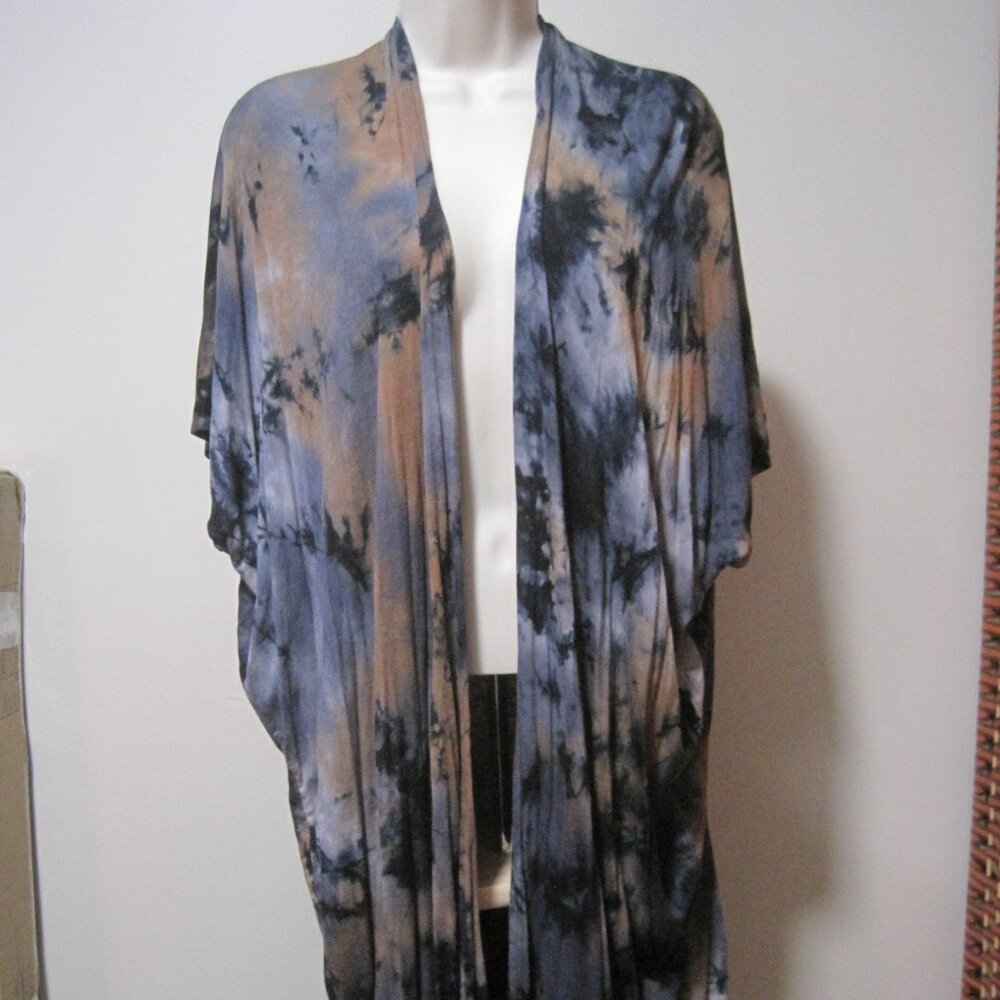 Mauve Tie Dye Blue/Black/Brown Rayon Oversized Kimono (Women's Size Medium)